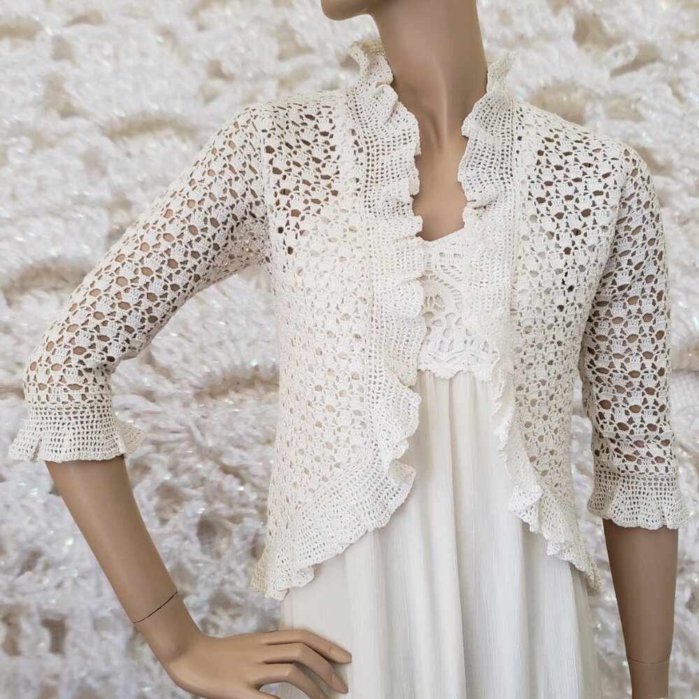 *NWOT* Vintage ICI Iridescent Sparkle Ruffle Open Knit Cardigan SZ S